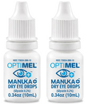Two white bottles of Melcares Optimel Manuka Eye Drops 0.2% (0.34 oz each) are designed for ocular healing, featuring an eye logo and blue text on a white background with a manuka honey essence.