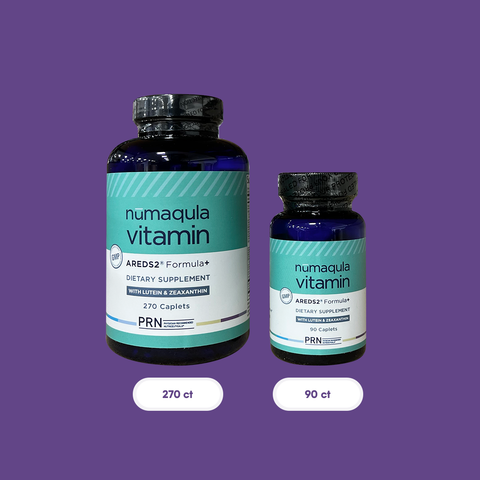 Two bottles of PRN nūmaqula Vitamin for macular support are displayed against a purple background. The left bottle is 270ct and the right is 90ct, both featuring the AREDS2 Based Formula with Lutein and Zeaxanthin.