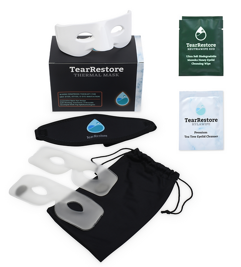 The TearRestore Premium Kit features a TearRestore mask, two heat packs, and either HylaWipes or NeutraWipes (30ct) for sensitive eye care with nourishing Manuka Honey eyelid cleansing properties—all elegantly displayed beside their packaging box.