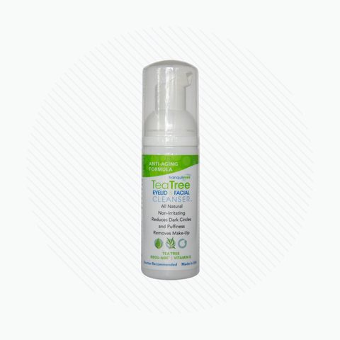 A white bottle of PRNs TranquilEyes Age-Defying Cleanser with a pump top boasts an anti-aging formula to reduce dark circles and puffiness, remove makeup, and includes Regu-Age Complex plus tea tree, aloe, vitamin E, and cucumber extracts.