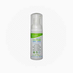 A white bottle of PRNs TranquilEyes Age-Defying Cleanser with a pump top boasts an anti-aging formula to reduce dark circles and puffiness, remove makeup, and includes Regu-Age Complex plus tea tree, aloe, vitamin E, and cucumber extracts.